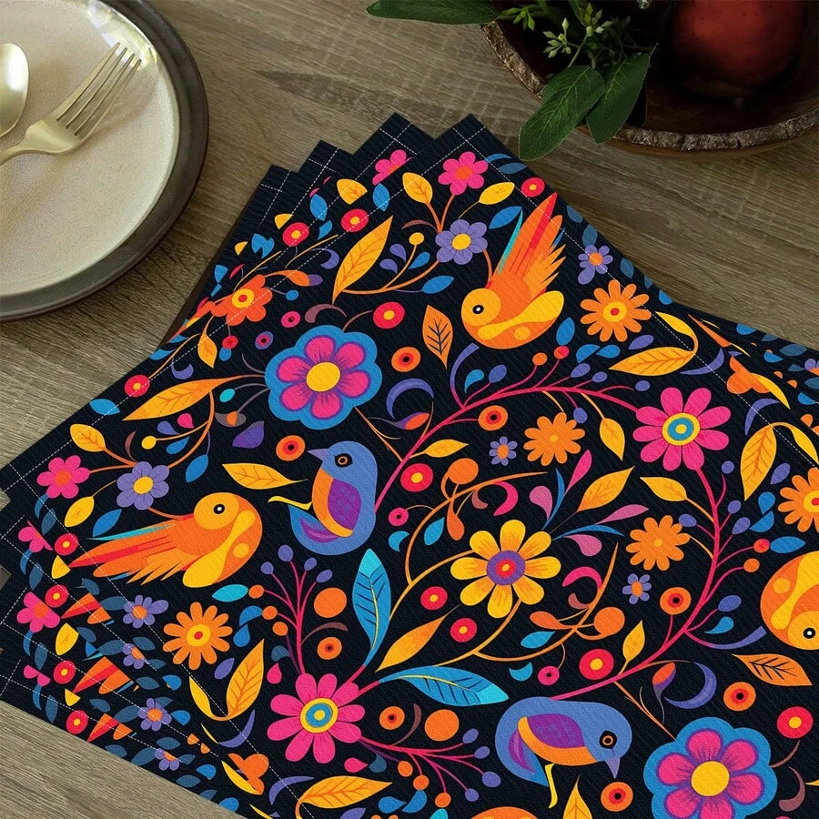 1pc/4pcs/6pcs/8pcs Mexican Folkloric Floral & Bird Pattern Linen Placemats, Suitable For Dining Table, All Seasons Decor, Modern Washable Tabletop Mats, Room Decor, Coasters, Kitchen Dining Mats, Indoor/Outdoor Party Decorations, Ideal Gift - Multicolor - View 1