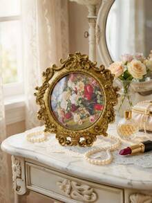 4x4 Zoll Vintage runder Goldrahmen, zarter Harzblumenmusterrahmen mit hochauflösendem Glas. Kompakter Retro-Stil Rahmen, geeignet für Tisch- oder Wandmontage. Exquisiter vintage Dekorationsrahmen, perfekte Wahl für die Heimdekoration. - Mehrere Stile - Übersicht 4