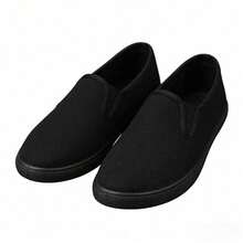 Black Canvas Slip-On Shoes, Lightweight Breathable Casual Slip-On Design, Suitable For Daily Commute, Outdoor Walking, Vacation, All Seasons - Black - View 3