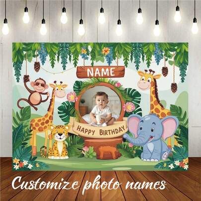 1pc Customisable Name Portrait One Year Old Jungle Animal Happy Birthday Photography Background Fabric Cute Animal Palm Leaf Personalised Portrait Name Design For Birthday Babyshower Scene Decoration Party Banner Vinyl