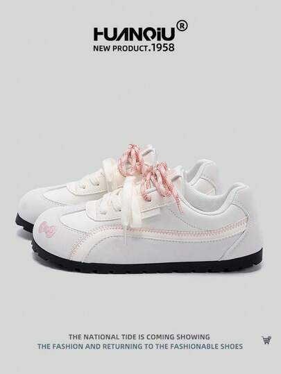 HUANQIU 2025 New Women's Skateboard Shoes, 1 Pair Fashion Breathable Lace-Up Casual Shoes For Home, Office, Outdoor, Versatile Lightweight Comfortable White Lace-Up Soft Bottom Sports Shoes, Leisure Shoes, Running Shoes, Christmas Apple Red, All Season