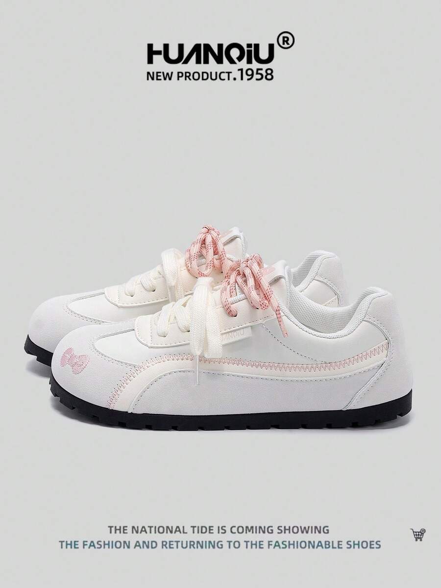 HUANQIU 2025新款女士滑板鞋，1双时尚透气系带休闲鞋，适合居家、办公、户外穿着，轻便舒适，白色系带软底运动鞋，休闲鞋，跑步鞋，圣诞苹果红，四季皆宜 - 粉色 - 查看 1