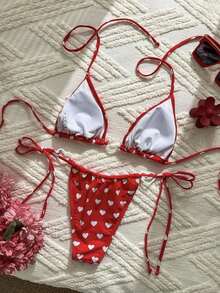 2pcs/Set Sweet & Cute Women Beach Holiday Bikini Swimsuit, Heart-Shaped Accessory Halter Drawstring Design, Suitable Spring/Summer Spa, Pool, Festival, Party Swimwear Vacation P63V - 白色紅色 - 查看 5