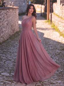 Elegant One Shoulder Knit Formal Dress, Long Fashionable Pleated Design, Suitable For Bridesmaid Or Formal Occasions Wedding - Dusty Pink - View 3