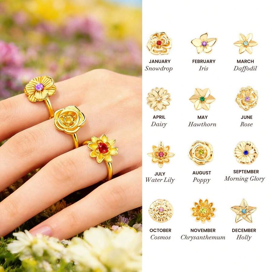 CIREY 1枚镶嵌12颗诞生石的花园12朵花戒指，18K镀金，奢华休闲风格，适合作为礼物 - 金色 - 查看 1