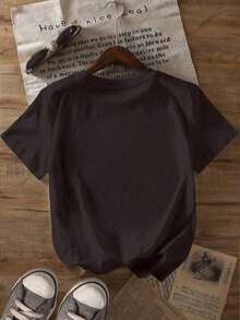 Loose Simple Round-Neck Short-Sleeved T-Shirt With Casual Print.Daily Wear In Large Size. Summer Outfit For Women. - Black - View 2