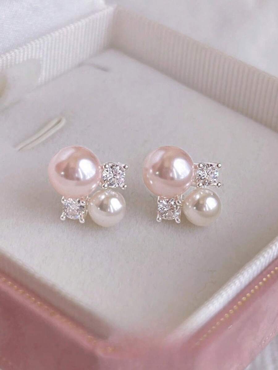 1 par de pendientes elegantes de estilo francés, de personalidad dulce y gentil, con perlas falsas color rosa, adecuados para el uso diario, citas, vacaciones y compromisos de las mujeres - Rosa Pálido - Ver 1