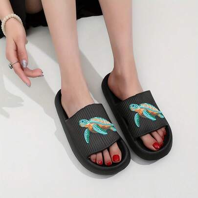 Women's Summer Sandals, Turtle Decor EVA Sole Slippers, Casual Comfortable Flat Sandals, Indoor Outdoor Slip-On Slippers