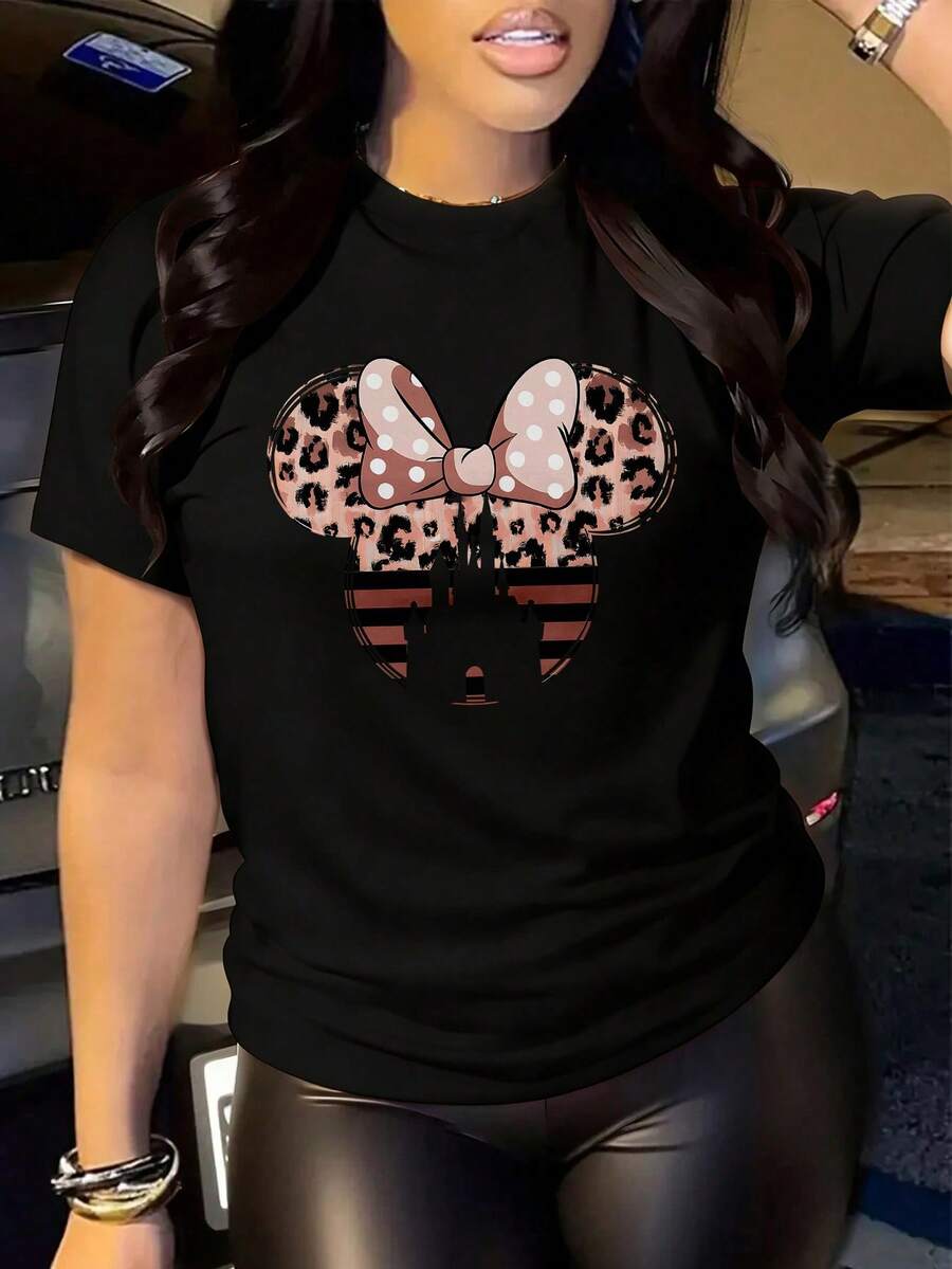 Disney Women's Casual Cotton Short Sleeve Black T-Shirt With Leopard Print Mickey Mouse Head And Castle Graphic, Men's Sizes Suitable For The Whole Family - màu đen - Xem 1