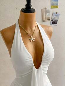 Vestido mini casual de vacaciones para mujer con escote en V profundo, cuello halter con lazo, y drapeado.Adecuado para la playa, cruceros y festivales de música en verano - Blanco - Ver 4