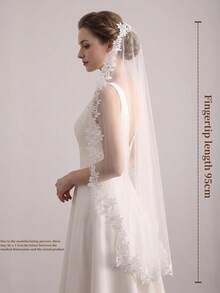 1pc Faux Pearl Bridal Veil, Fingertip Length, Bride Veil With Comb, White/Ivory Lace Trim,Festival,Birthday - Multicolor - View 3
