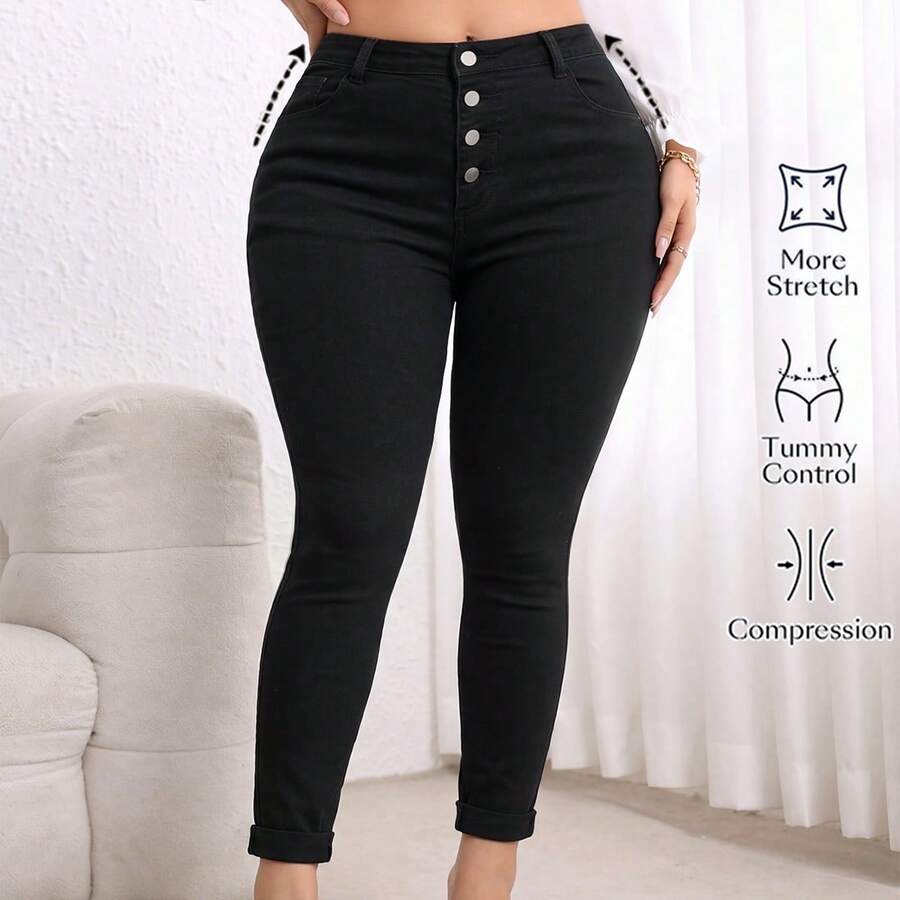 High Waist Elastic Skinny Jeans, Button Fly, Slimming Shaping Compression Denim Pants, Versatile Curvy Plus Size Design Casual Black - Black - View 1