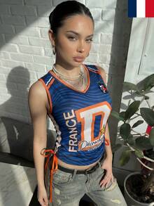 Áo tank top nữ kiểu dáng casual, chất liệu lưới jersey Pháp, cổ chữ V, dây rút, họa tiết chấm bi, ôm sát, thích hợp cho phong cách đường phố, mùa hè, xuân, trang phục mùa hè cho nữ, World Cup. - Màu xanh lam - Xem 1