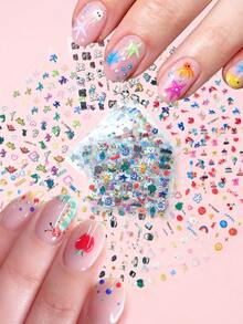 30片夏季海滩花卉美甲贴纸 3D椰子棕榈冰淇淋自粘贴花 可爱卡通花朵美甲贴片 - 彩色 - 查看 3