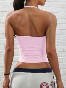 Aoqta Sports 女士夏季休闲纯色无袖露背运动上衣，带胸垫，简约百搭设计，适合瑜伽、跑步、健身、日常穿着 - 粉色 - 查看 2