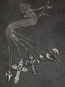 5pcs Vintage Gothic Angel Wings, Cross, Heart, Cross Wings, Star, Rose Butterfly Flower, Magic Mirror, Heart, Star Y2K Necklace Set For Women - Silver - View 4