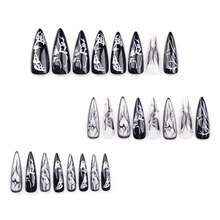 24pcs Retro Silver Teardrop Pattern Black Butterfly Handmade Nail Stickers, Suitable For Travel, Party, Daily Wear, Festivals, Versatile Pointed Nail Art - Black - View 5