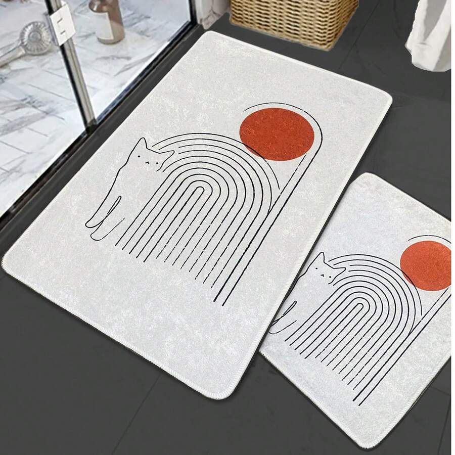 2-Piece Digital Print Non-Slip Bathroom Rug Set, Decorative Water Absorbent Bath Mat & Pedestal Rug Kit - 60*100 And 50*60 - Made In Türkiye - White - View 1