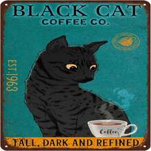 Retro Cat Metal Sign Vintage Coffee Bar Tin Signs Funny Kitchen Wall Decor - Black Cat Coffee Co. Tall Dark And Refined.Jpg - 1PC - View 2