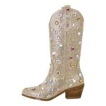 Women's Rhinestone Cowboy Boots, Mid-Calf Western Boots, Sparkling Women's Cowboy Boots, 2-Inch Heel, Slip-On Mid-Calf Boots, Stylish Riding Boots - 寶石金 - 查看 3