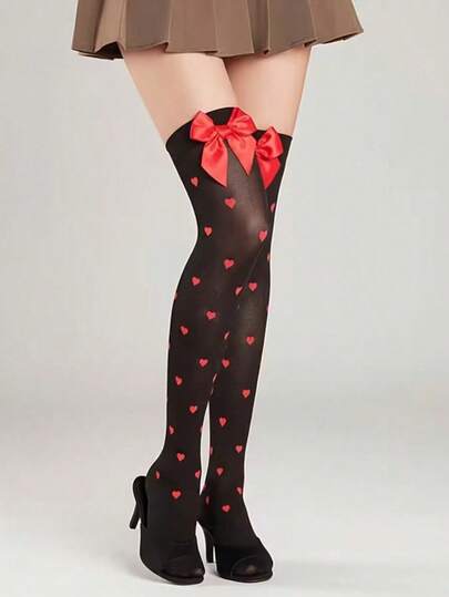 1 đôi tất dài quá đầu gối kiểu Lolita thắt nơ, tất cao đến đùi thời trang và ngọt ngào với họa tiết trái tim.