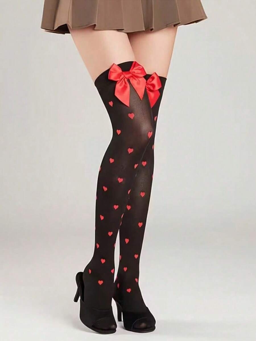 1 đôi tất dài quá đầu gối kiểu Lolita thắt nơ, tất cao đến đùi thời trang và ngọt ngào với họa tiết trái tim. - Nhiều màu - Xem 1