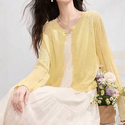 Women's Hollow-Out Mesh Knit Lightweight Cardigan, Elegant Pale Yellow Top