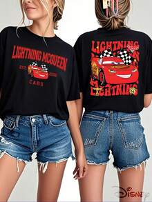 Disney Men's Casual  McQueen Cars Print Cotton Round Neck Short Sleeve T-Shirt Top For Daily Wear, Men's Sizes Suitable For The Whole Family - 黑色 - 查看 1