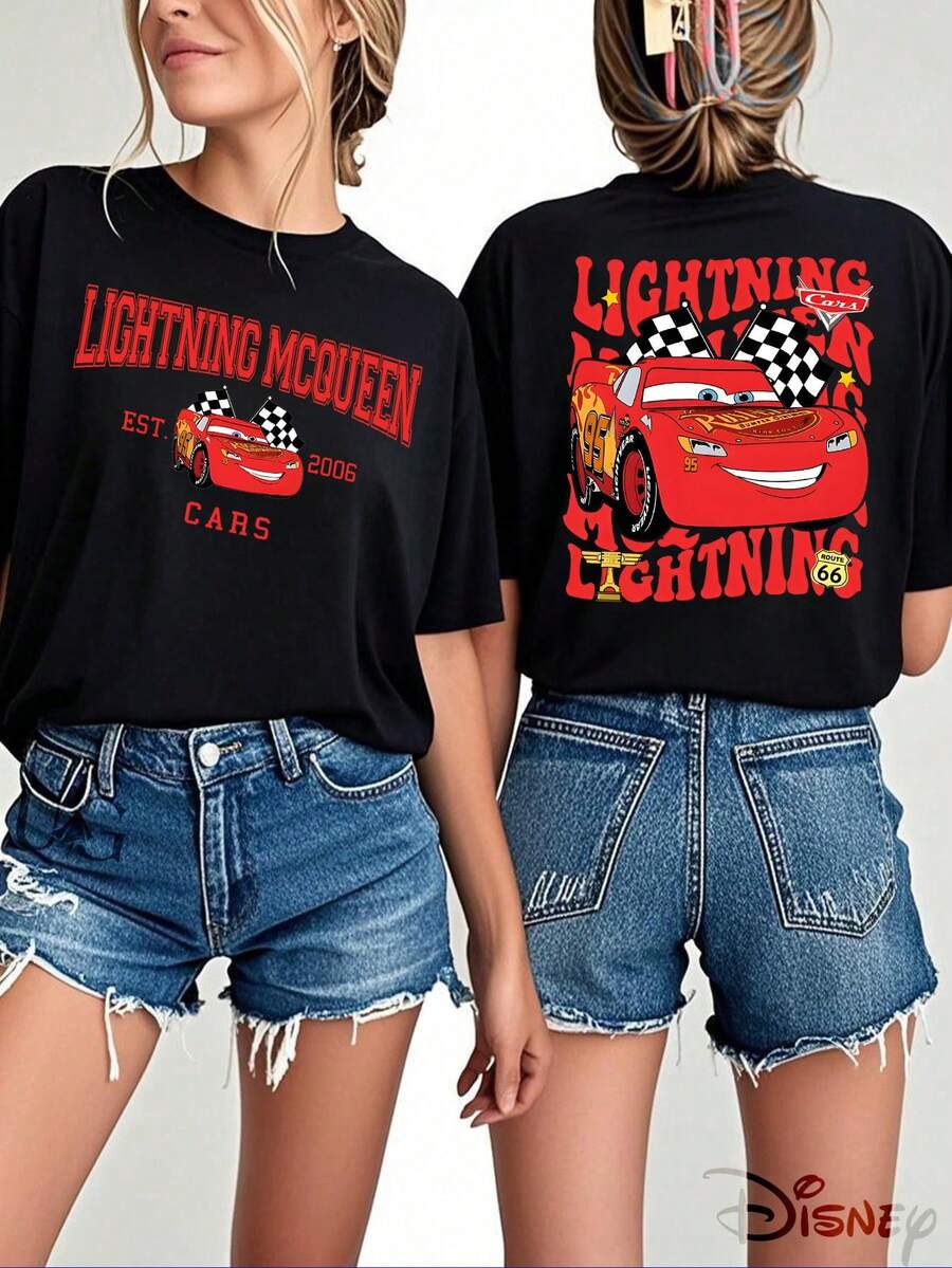 Disney Men's Casual  McQueen Cars Print Cotton Round Neck Short Sleeve T-Shirt Top For Daily Wear, Men's Sizes Suitable For The Whole Family - 黑色 - 查看 1