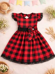 Girls' Junior Dress For June Festivals, Plaid, Country Style, Rodeo, Square Dance, Ruffled Skirt, Elastic, Short Sleeve, Ruffled Lace, Saint John's Day Events, Queen Of Popcorn, Adjustable, Full Skirt, Fashion, Themed Clothing, Country Style, Modern, Loose Fit, Lightweight, Comfortable Fabric, Typical Photoshoot, Classic, Traditional Print, Sophisticated Outfit, Versatile, Elegant, Blogger Style, Arraiá, With Bow, Glitter - Đỏ và đen - Xem 7