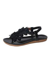 Women's Floral Decor Open Toe Design Elegant Sandals, Summer Fairy Tale Style Vacation Sandals - Black - View 8