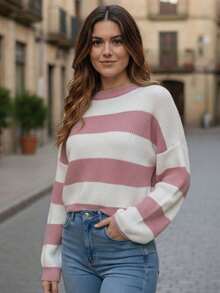 Women's Striped Knit Blouse With Long Sleeves And Round Neck - Versatile Winter - 墨綠色 - 查看 5