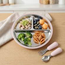 1pc Customizable Name 3-Compartment Divided Plate, Detachable 304 Stainless Steel Inner Bowl + Heat-Resistant Silicone Outer Shell, Round Non-Slip Suction Toddler Meal Tray - Multicolor - View 9