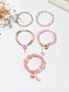 OOQ 1 Set lässiges minimalistisches rosa Perlen XOXO Herz Liebe Armband Set, mehrschichtiges Design, modisch & süß, geeignet für Frauen, ideales Geschenk für Valentinstag, Dates, Partys, Musikfestivals, Geliebte - Pink - Übersicht 4