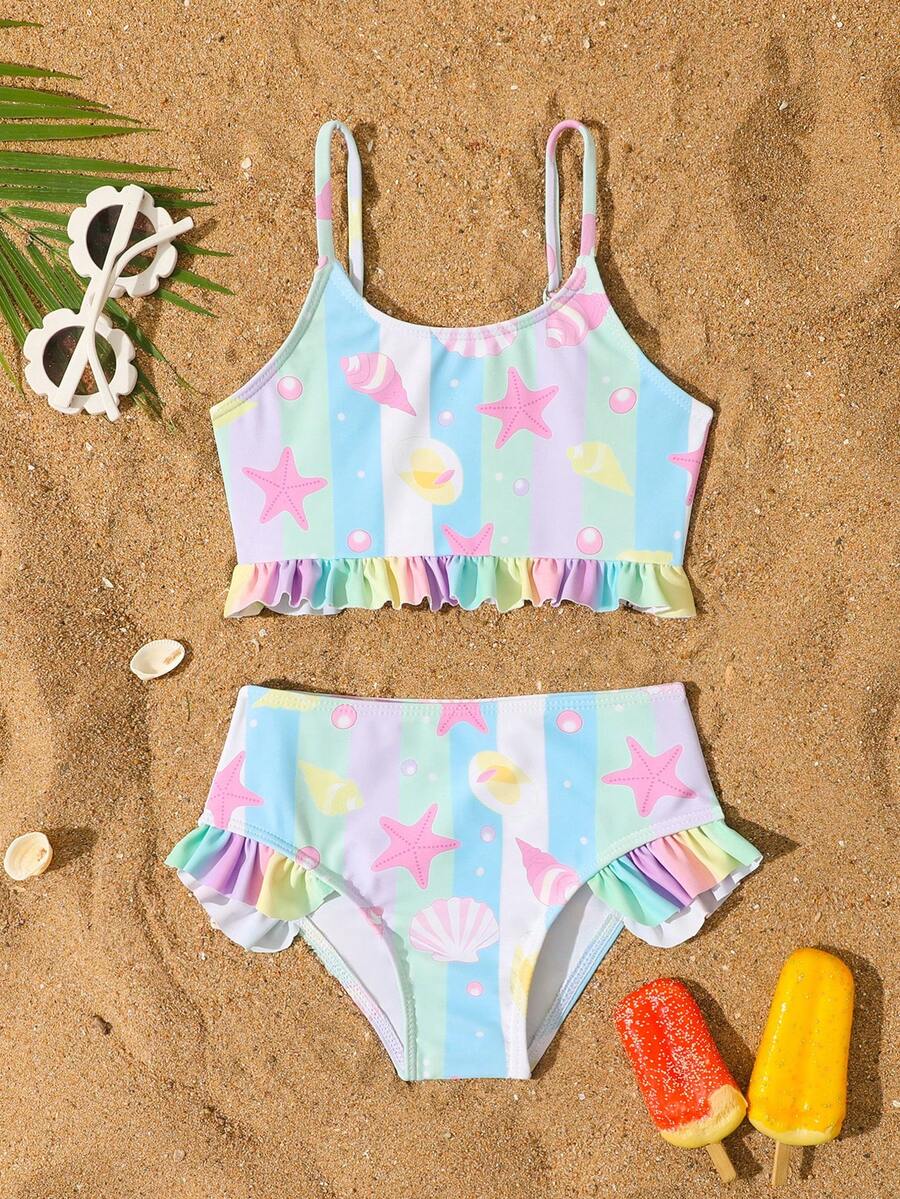 Set Baju Renang Tankini Motif Bintang Laut & Kerang untuk Anak Perempuan - MultiWarna - View 1