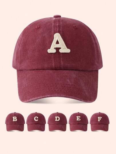 1顶酒红色棒球帽，印有26个字母，水洗帽檐，男女通用，适合户外活动和日常佩戴，防晒。