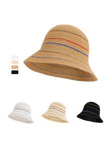 Sombrero de cubo de punto rayado, transpirable y hueco para protección solar de verano para mujeres, versátil sombrero de sol que afina el rostro - Multicolor - Ver 2