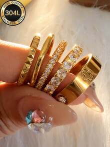 Bộ nhẫn Znice 2026 mới, mạ vàng 18K, thép không gỉ, thiết kế tối giản, đính đá lấp lánh toàn bộ hình hoa, có thể đeo chồng lên nhau, thích hợp cho tiệc tùng, làm quà tặng, đeo hàng ngày, nhiều dịp khác nhau, làm trang sức, chống thấm nước và chống phai màu, thích hợp đeo khi đi biển. - Vàng - Xem 8