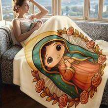 1PC Q-Style Anime Virgin Mary Cute Religious Flannel Throw Blanket 50"X60" (Multiple Sizes) - Warm Sky Background With Crown, Halo & Praying Hands, Tapestry Wall Hanging, Spiritual Gift, Room Decor, Perfect For Sofa, Bed, Office,Perfect Gift For Anime Fans, Catholics, And Outdoor Activities - Machine Washable Cozy Blanket With Vibrant Anime-Style Print, Ideal For Picnics, Hiking, And Couch Use -280gsm - multicolour 17 - 查看 3