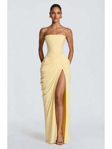 2026 [Spring/Summer Style]Strapless Asymmetrical Pleated High Slit Maxi Dress For Women, Sexy French Romantic Evening Party Gown - 淺黃色 - 查看 1