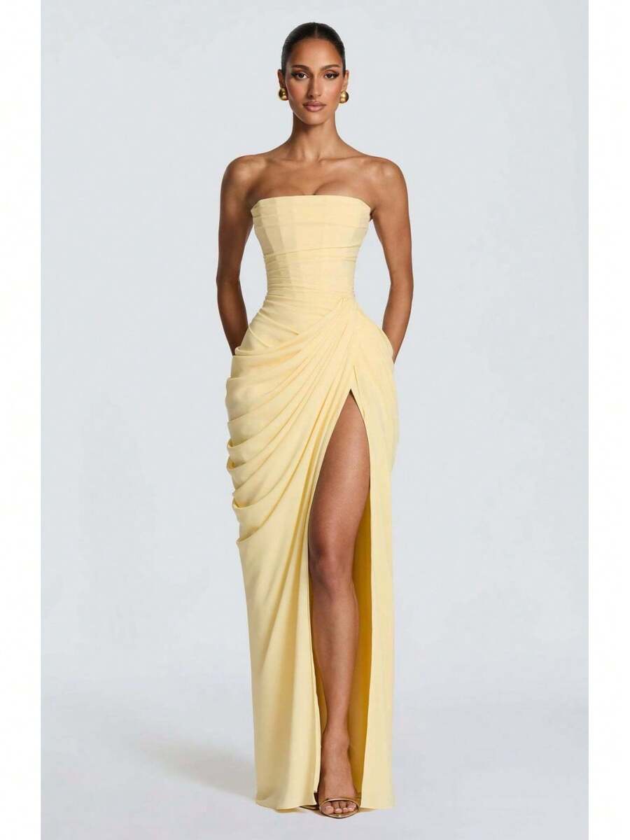 2026 [Spring/Summer Style]Strapless Asymmetrical Pleated High Slit Maxi Dress For Women, Sexy French Romantic Evening Party Gown - 淺黃色 - 查看 1