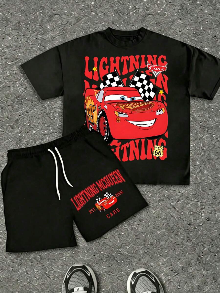 Disney Cars Lightning McQueen T-Shirt & Shorts Set, 95 Race Car Graphic Kids/Boys Summer 2-Piece Outfit, Casual Streetwear - màu đen - Xem 1