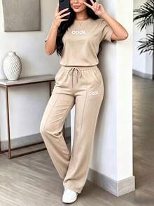 2pcs Women's Summer Set, Personalized Letter Print Round Neck Short Sleeve T-Shirt Paired With High Waist Drawstring Straight Leg Pants - Apricot 11 - View 2