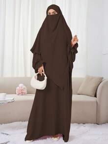 Set de 2 piezas Vestido de oración de unicolor elegante para mujeres musulmanas con pañuelo a juego de una sola capa, Abaya clásica y versátil para uso diario, salidas, oración, artículo esencial de viaje, toalla de playa - Multicolor - Ver 7