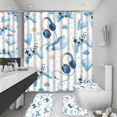 1/4pcs Gaming Theme Shower Curtain Set, Classic Video Game Controller Pattern Shower Curtain, Bathroom Curtains, Includes Non-Slip Mat, Toilet Lid Cover, Rug And 12 Hooks, Classic White And Blue Bathroom Decor Set