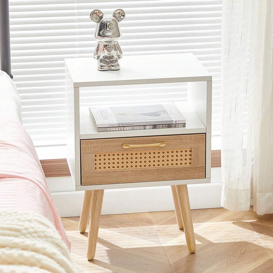 Rattan Side Table With Drawer And Solid Wood Legs, Modern Bedside Table, Side Table For Living Room, Bedroom, White - H55/W40/D30 Cm - White + Natural Wood Color - View 1
