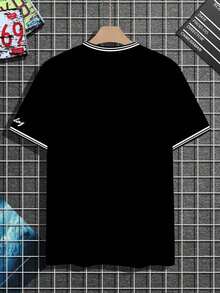 Manfinity Homme Men's Crew Neck T-Shirt With Contrast Stripes And Number Print - Black - View 2