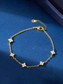 Nooxian 1pc Women Layered Tassel Copper Inlaid Zirconia Four-Leaf Clover Bracelet, Daily Gift Jewelry (No Gift Box) - Golden - 查看 3