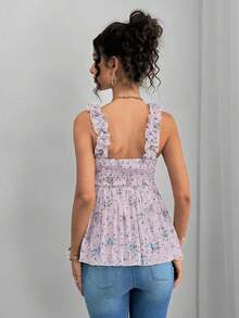 Camiseta sin mangas de línea A con volantes, tirantes anchos y recogida delantera y trasera para maternidad - Lila Púrpura - Ver 2