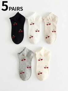 1/5 pares de calcetines invisibles versátiles con volantes de cereza para mujer, primavera/verano, suaves y cómodos, estilo escolar dulce para uso diario - Multicolor - Ver 6